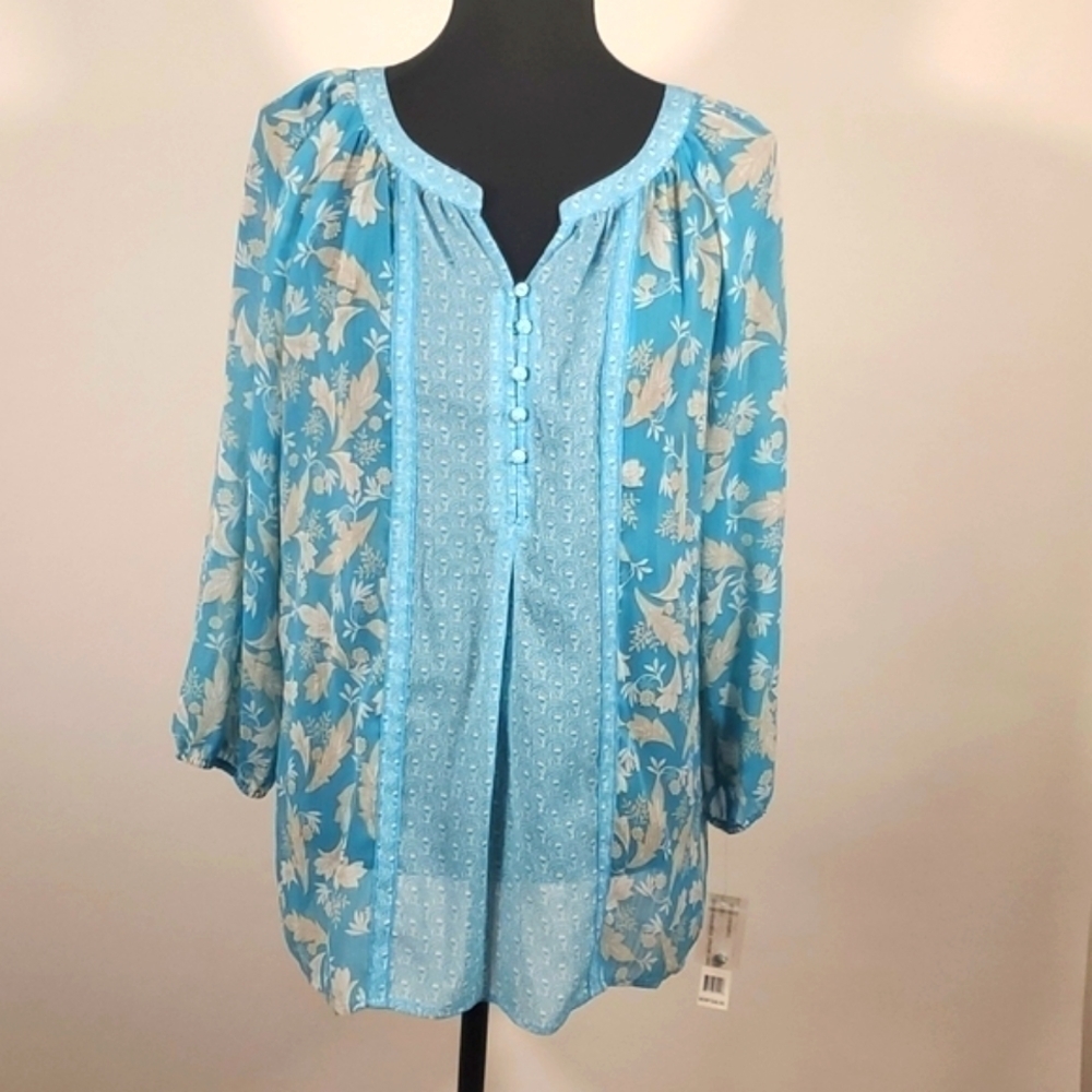 New Zach & Rachel Large Blouse - Aqua Blue w/ Beige Floral Print